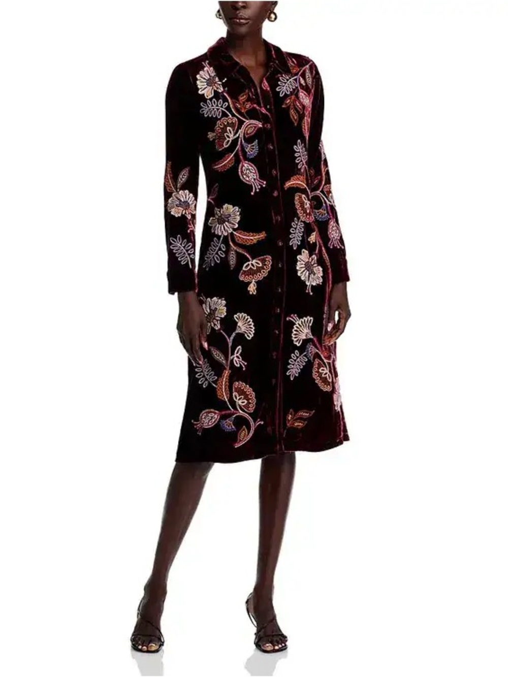 Johnny Was Velvet Shirt Dress Boho Floral Embroidered Long Sleeve Size S NWT
